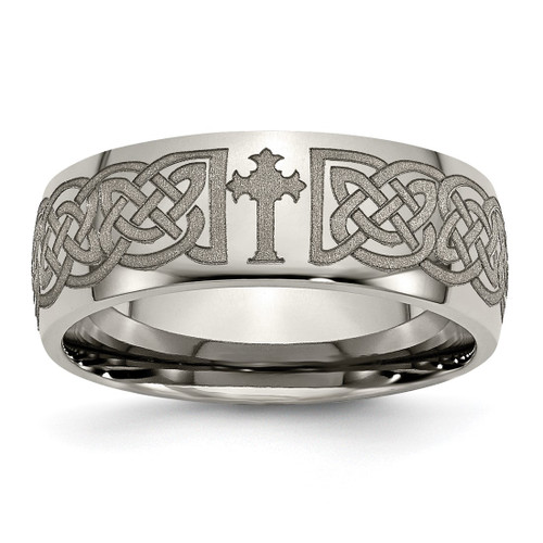 Chisel Titanium Polished Celtic Cross Laser Design 8 mm Wedding Band, Half Round