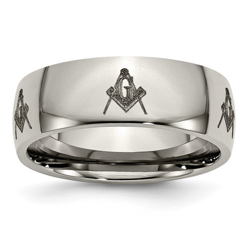 Chisel Titanium Polished Masonic Laser Design 8 mm Wedding Band, Half Round