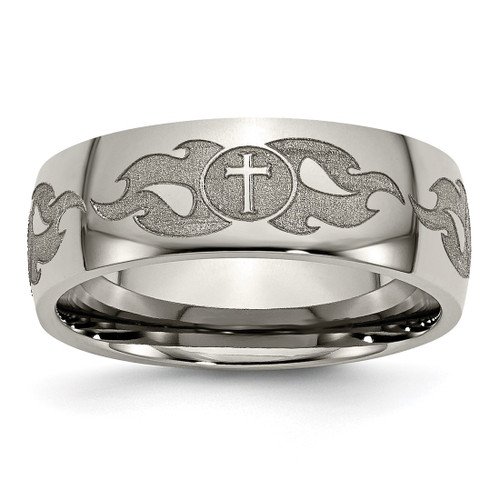 Chisel Titanium Polished Cross with Flames Laser Design 8 mm Wedding Band, Half Round