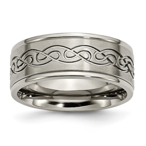 Chisel Titanium Brushed Center 9 mm Scroll Design Wedding Band, Flat