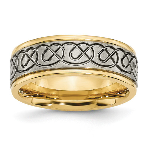 Chisel Titanium Brushed and Polished Yellow Ion-Plated Scroll Design 8 mm Grooved Edge Wedding Band, Flat