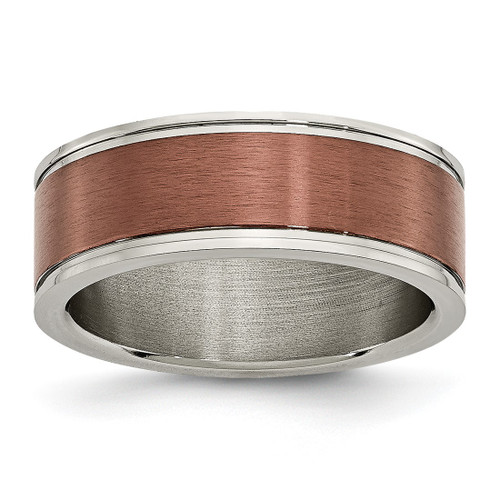 Chisel Titanium Brushed Center Brown Ion-Plated 8 mm Grooved Edge Wedding Band, Flat