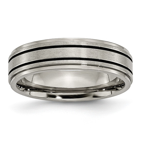 Chisel Titanium Brushed Center Black Enamel 6 mm Ridged Edge Wedding Band, Flat
