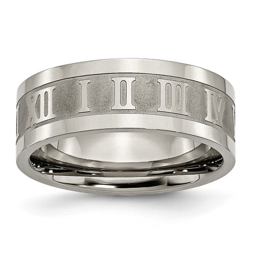 Chisel Titanium Satin Center 8 mm Roman Numerals Flat Wedding Band