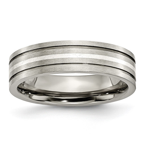 Chisel Titanium Brushed with Sterling Silver Inlay 6 mm Grooved Wedding Band, Flat