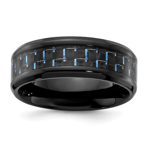 Chisel Black Titanium Polished with Black and Blue Carbon Fiber Inlay 8 mm Wedding Band, Domed