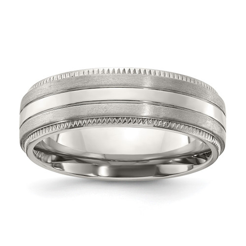 Chisel Titanium Brushed and Polished Textured Edge 7 mm Wedding Band, Flat