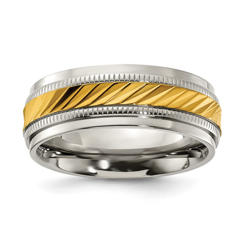 Chisel Titanium Polished with Yellow Ion-Plated Center 8.00 mm Wedding Band, Milgrain, Textured