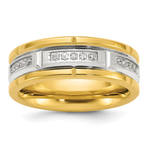 Chisel Titanium Polished with Brushed Center Yellow Ion-Plated Cubic Zirconia 8 mm Band Ring