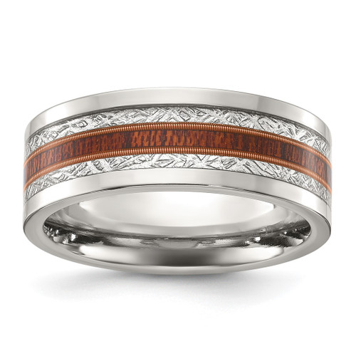 Chisel Titanium Polished with Wood and Simulated Meteorite Inlay 8 mm Wedding Band