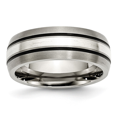 Titanium Grooved Sterling Silver Inlay 8 mm Brushed/Antiqued Wedding Band, Domed
