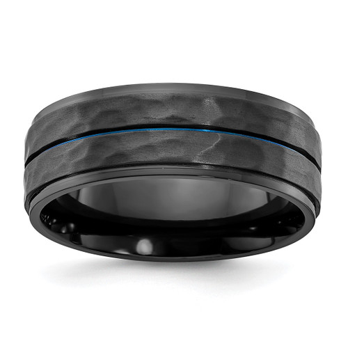 Chisel Black Zirconium Brushed Polished and Hammered with Blue Ion-Plated 8 mm Wedding Band, Flat
