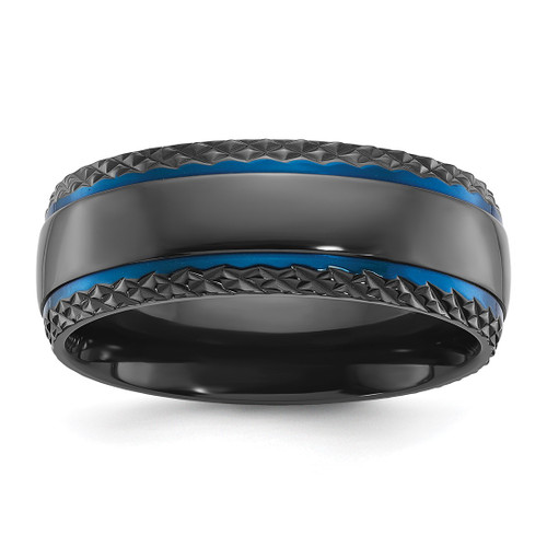 Chisel Black Zirconium Polished Blue Ion-Plated with Textured Edge 8 mm Wedding Band