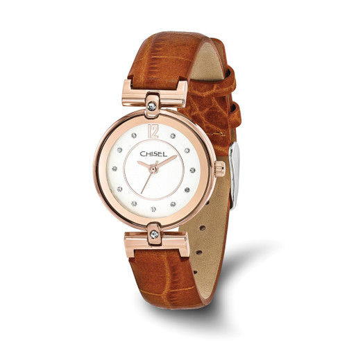 Women'S Chisel Rose Ion-Plated White Dial Brown Leather Watch, 27 mm, Quartz