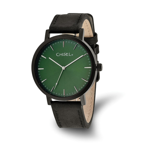 Chisel Matte Black Ion-Plated Green Dial Black Leather Band with Quick Release Watch, 42 mm, Quartz