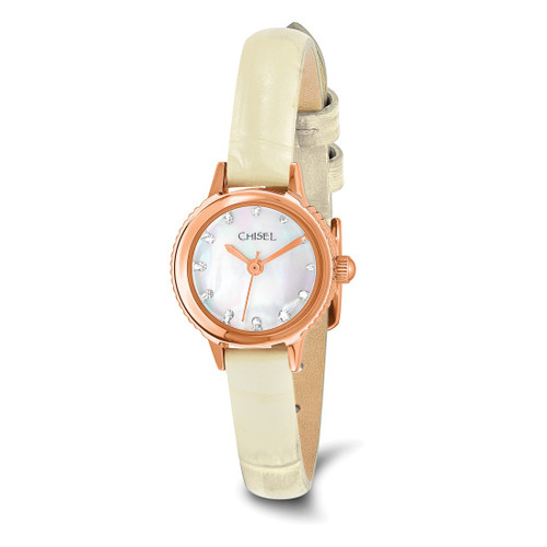 Women'S Chisel Stainless Steel Rose Ion-Plated White Leather Strap Watch, 20 mm, Quartz