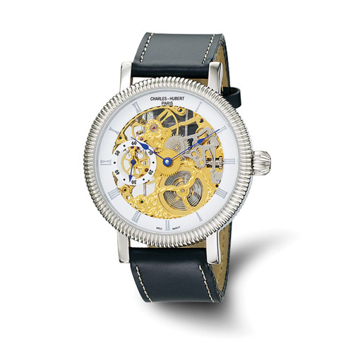 Men'S Charles Hubert Leather Band White Skeleton Dial Watch, 50 mm, Hand-Wind