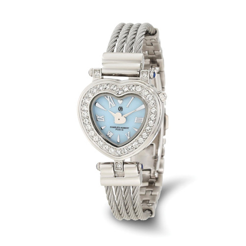 Charles Hubert Stainless Steel Bangle Light Blue Mother of Pearl Heart Dial Watch, Quartz