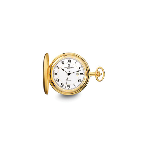 Charles Hubert Gold-Finish White Dial Pocket Watch, 50 mm, Quartz