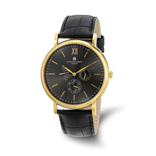 Men'S Charles Hubert Stainless Steel Leather Band 46 mm Watch, Quartz, Black