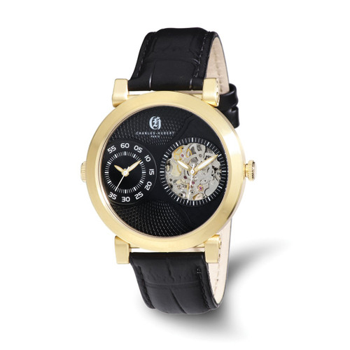 Men'S Charles Hubert Ion-Plated Leather 46 mm Dual Time Watch, Quartz