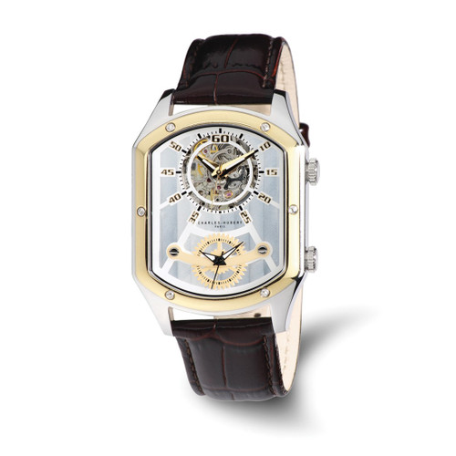 Men'S Charles Hubert Two-Tone Ion-Plated Leather 38 x 46 mm Dual Time Watch, Quartz