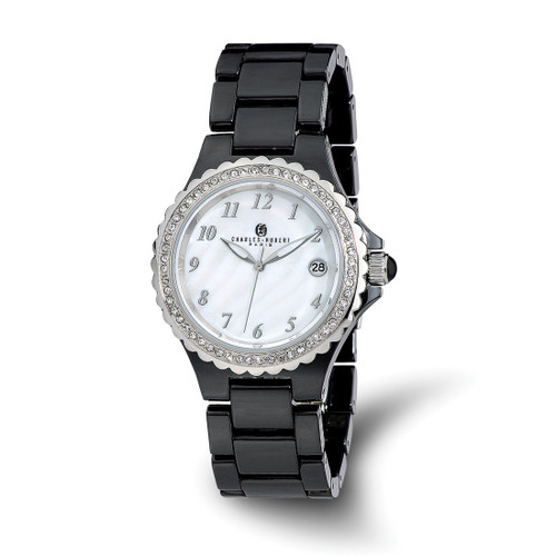 Charles-Hubert Black Ceramic 38 mm Stainless Steel Crystal Bezel Mother of Pearl Dial with Date Watch, Quartz