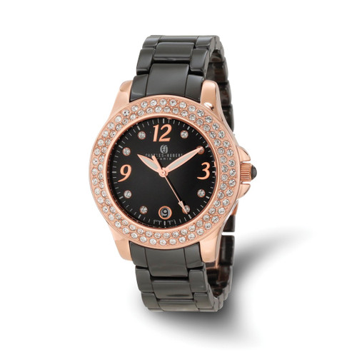 Charles-Hubert Black Ceramic 40 mm Stainless Steel Rose Ion-Plated Crystal Bezel Black Dial with Date Watch, Quartz
