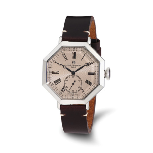 Men'S Charles Hubert Rose Dial Leather Band Octagonal Watch, Quartz