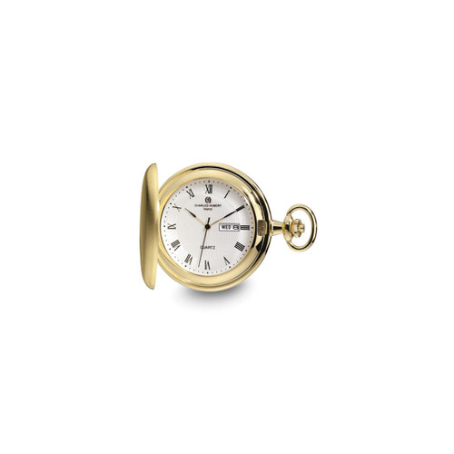 Charles Hubert Gold-Finish Satin White Dial Day/Date Pocket Watch, 47 mm, Quartz