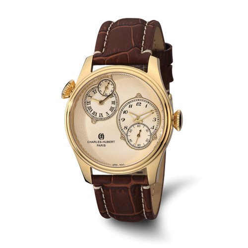 Men'S Charles Hubert Stainless Steel Gold Dial Dual Time Watch, 46 mm, Quartz