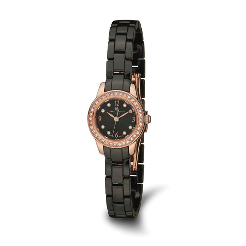 Charles-Hubert Black Ceramic 24 mm Stainless Steel Rose Ion-Plated Crystal Bezel Black Dial Watch, Quartz