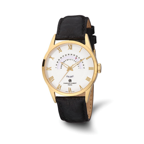 Charles-Hubert Stainless Steel Yellow Ion-Plated White Dial with Day and Date Watch, 45 mm, Quartz