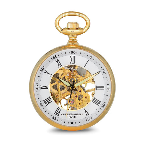 Charles Hubert Gold-Finish Open Face White Skeleton Pocket Watch, 42 mm, Hand-Wind