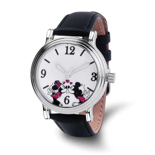 Disney Mickey and Minnie Black Leather Watch, 38 mm, Quartz