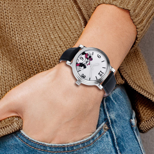 Disney Mickey and Minnie Black Leather Watch, 38 mm, Quartz - View 2