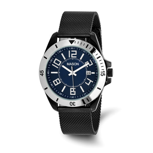 Mason Sales Stainless Steel Black Ion-Plated Mesh Band Watch, 40 mm, Quartz, 40 mm Wide, Blue, 8 in Long