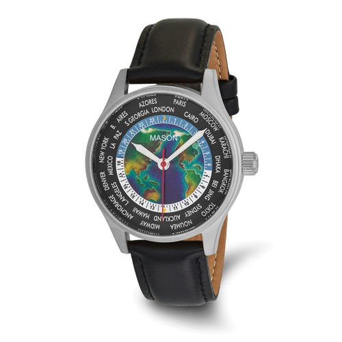 Mason Sales Stainless Steel World Map Black Leather Band Watch, 40 mm, Quartz