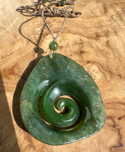 Natural Canadian Rough Jade Koru Pendant, 2"