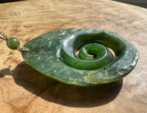 Natural Canadian Rough Jade Koru Pendant, 2"