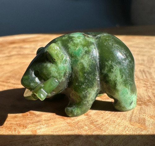 Natural Canadian Jade Grizzly Bear with Jade Fish Figurine 1.25 inch