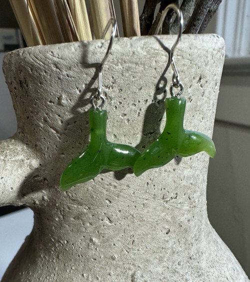 Natural Jade Whale Tail Earrings, 18mm Sterling Silver