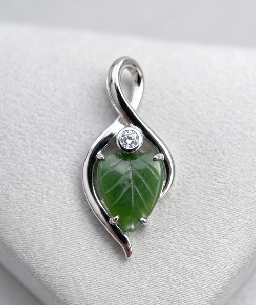 Natural Canadian Nephrite Jade Leaf and Silver Infinity Pendant 9x6mm