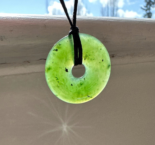 Natural Canadian Nephrite Jade Pi Donut Pendant 25mm Adjustable Cord