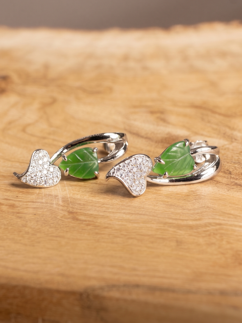 Natural Canadian Nephrite Jade Leaf with Zircon Earrings Sterling Silver