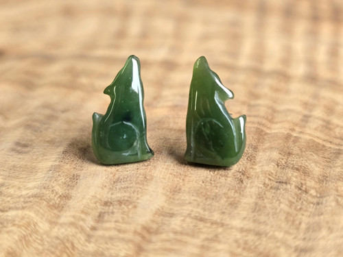 Natural Canadian Nephrite Jade Earrings, Wolf 15mm Sterling Silver