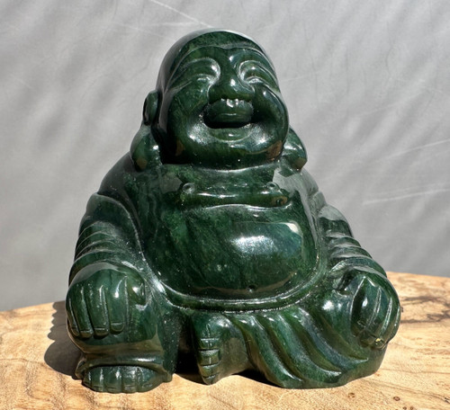 Natural Dark Green Happy Nephrite Jade Buddha, 2.5" Figurine