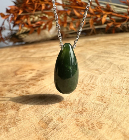 Natural Dark Green Canadian Nephrite Jade Teardrop Pendant - 20mm