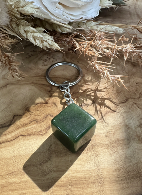 Natural Nephrite Jade Cube Keychain - 19mm