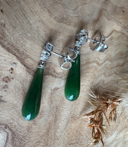Natural Nephrite Jade Silver Drop Studs - 32mm Earrings